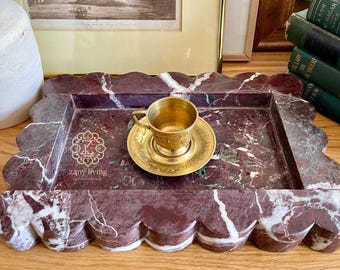 Hand-crafted Decorative Cherry Rosso Levanto Marble Scallop Edge 12 " Tray, Genuine marble Vanity Tray, Marble Charcuterie, Gifts Under 100
