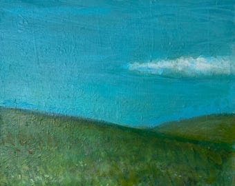 May include: A painting of a green grassy field with a single white cloud in a blue sky.