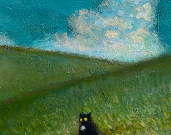 Nikko Goes to the Flint Hills Part One ORIGINAL acrylic painting on cradled birch panel 8”x 10”