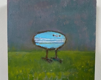 Blue Macaron Bird in a Field ORIGINAL acrylic painting on  6”x 6” cradled birch panel