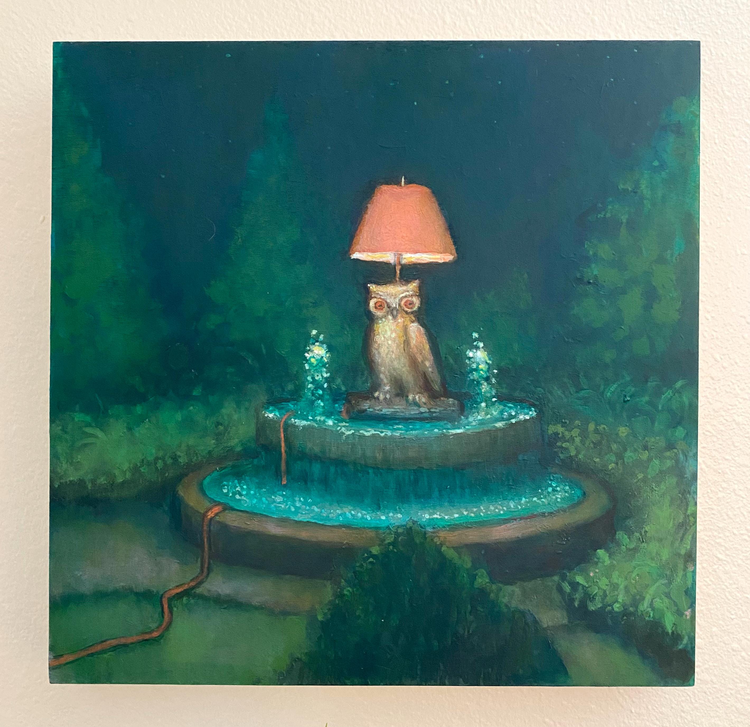 Owl Lamp in a Garden Fountain at Night ORIGINAL acrylic painting on cradled birch panel 12”x 1