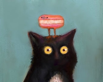 Nikko the Cat with a Pink Macaron Bird on Her Head PRINT 8”x 10” (blue background)
