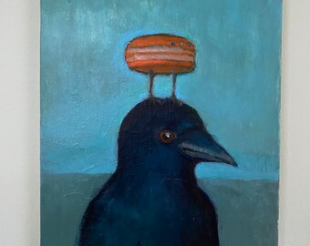 Crow with Orange Macaron Bird on it’s head ORIGINAL acrylic painting on 9”x 12” canvas