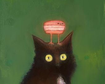 Nikko the cat sports a Pink Macaron Bird on Her Head PRINT 8”x 10” (green background)