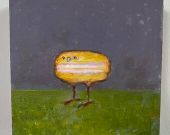 Yellow Macaron Bird in a Field ORIGINAL acrylic painting on 6”x 6” cradled birch panel