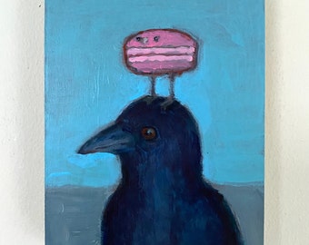 Crow with Pink Macaron Bird on It’s Head ORIGINAL acrylic painting on 6”x 8” cradled birch panel