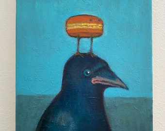 Derpy Baby Crow with Orange Macaron Bird on it’s head ORIGINAL acrylic painting on 9”x 12” canvas