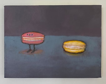 Macaron and macaron bird ORIGINAL acrylic painting on canvas 9”x 12”