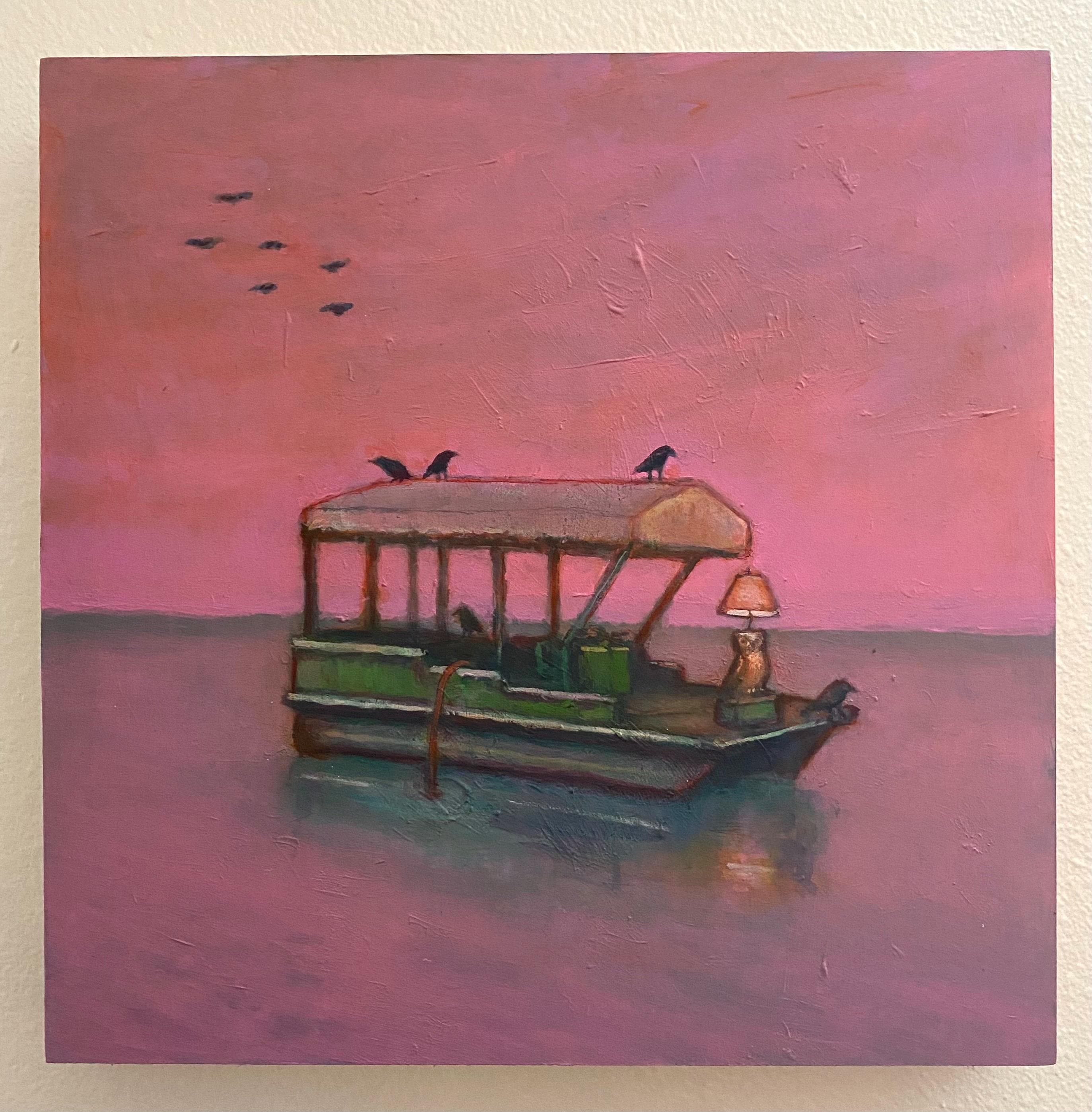 Owl Lamp on a Pontoon Boat with a Bunch of Crows at Sunrise ORIGINAL acrylic painting on cradled bir