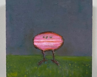 Pink Macaron Bird in a Field ORIGINAL acrylic painting on 6”x 6” cradled birch panel