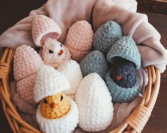 Crochet Hatching Chick in Egg Shell, Easter Basket, Crochet Animal Chick, Farm Animal Plush Doll, Cute Stuffed Toy, Handmade Birthday Gift
