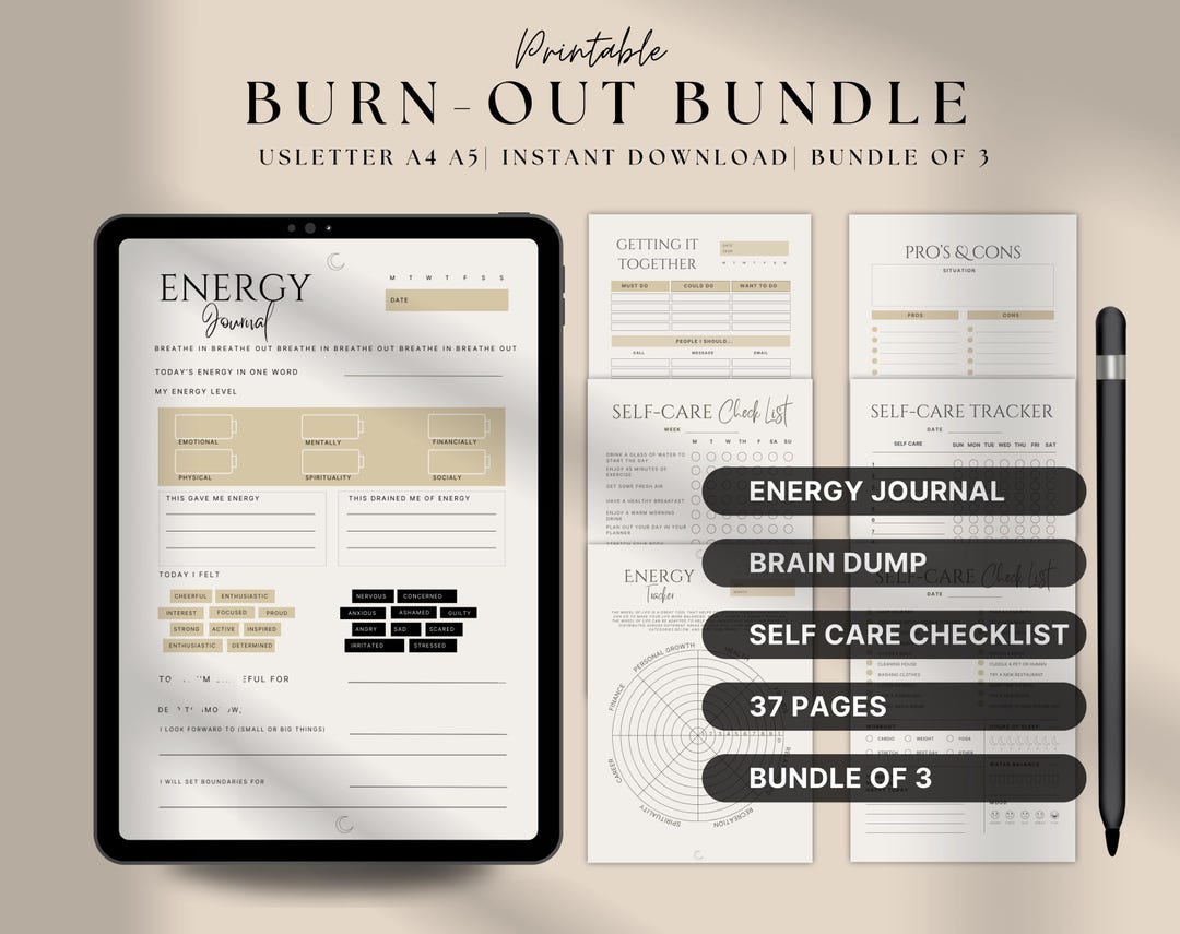 Burnout Bundle: Brain Dump, Self-care Tracker &amp; Energy Journal With Mood Tracker for ...
