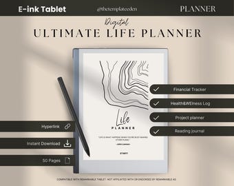 Puede incluir: Un planificador de vida digital para una tableta de tinta electrónica. El planificador incluye secciones para el seguimiento financiero, la salud y el bienestar, la planificación de proyectos y un diario de lectura. La portada presenta un diseño abstracto en blanco y negro con el texto "Life Planner" y la cita "La vida es lo que sucede cuando estás ocupado haciendo otros planes." - John Lennon.