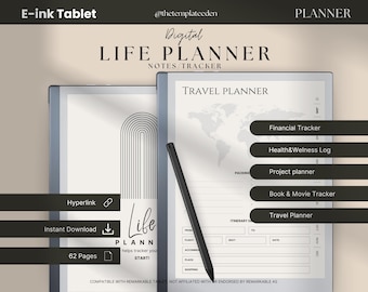 Puede incluir: Un planificador de vida digital en una tableta de tinta electrónica. El planificador incluye secciones para viajes, finanzas, salud y bienestar, proyectos y libros y películas. La tableta es compatible con las tabletas Remarkable. El texto en la pantalla dice "Planificador de vida digital Notas/Seguimiento" y "Planificador de viajes".