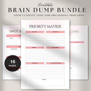 Brain Dump Bundle PDF zum Ausdrucken | ADHS Tagesplaner für mehr Produktivität mit Eisenhower Matrix, Mind Map/To Do List/ UsLetter A4 A5