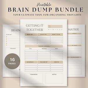 Brain Dump Bundle PDF zum Ausdrucken | ADHS Tagesplaner für mehr Produktivität mit Eisenhower Matrix, Mind Map/To Do Liste/Journal