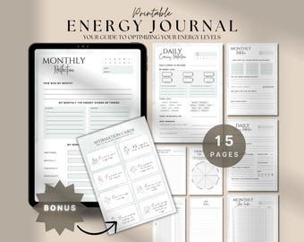 May include: Printable Energy Journal with 15 pages, featuring a monthly reflection page, daily energy reflection pages, affirmation cards, and a monthly sleep tracker. The journal is designed to help you optimize your energy levels.