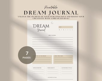 May include: Printable Dream Journal with 7 pages. The journal has a black and white design with the words "Dream Journal" in a cursive font. The journal is designed to help you unlock the secrets of your subconscious and boost your creativity.