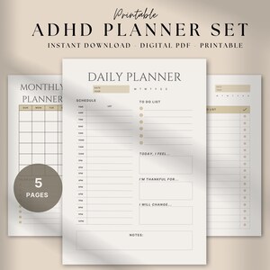 May include: Printable ADHD planner set with five pages. The set includes a monthly planner, a daily planner, and a to-do list. The pages are white with a beige background and black text.