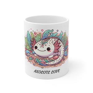 Radiant Relief Axolotl Love Cartoon Characters Mug, Cute Animal Coffee Cup, Amphibian Lover Gift, Colorful Tea Mug, Quirky
