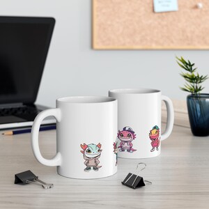 Axolotl Cartoon Characters Mug, Cute Animal Coffee Cup, Amphibian Lover Gift, Colorful Tea Mug, Quirky