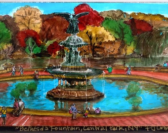 Print On Canvas Giclee Bethesda Fountain, Central Park, NYC, Fall Autumn Wings Landscape Cityscape Scene, PJ Cobbs Arts,