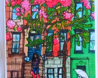 Art Coaster Spring City Sex & the City PJ Cobbs NYC Neighborhoods Cherry Blossoms Black Girl African American Tree Brownstone PJ Cobbs