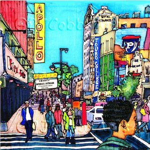Art Coaster 4"x4" Apollo Girl, Harlem, by PJ Cobbs New York Neighborhoods Theater Landmark Girl Neon Sign 125th Street Uptown NYC
