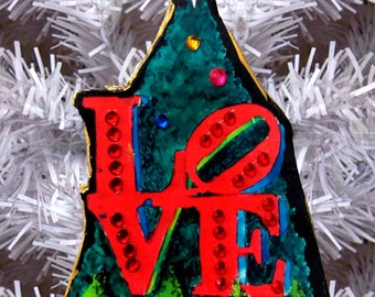 Art Holiday Christmas Tree Ornament Philadelphia Landmark Icon Robert Indiana Love Sculpture Rhinestones Historic PJ Cobbs Arts