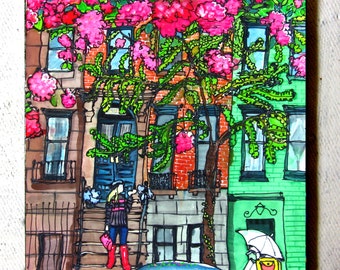 Art Coaster Spring in the City by PJ Cobbs New York Neighborhoods Sex and the City Cherry Blossoms Blonde Ginko Tree Folk Art Brownstone