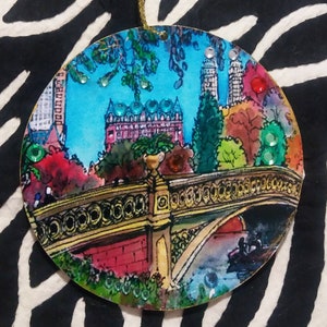 Bow Bridge, Central Park, New York City Handmade Holiday Christmas Art Tree Ornament  PJ Cobbs Arts
