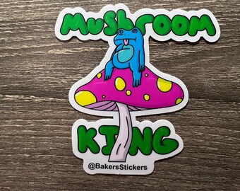 Mushroom King, pegatina de rana trippy, resistente al agua/UV de 3 pulgadas