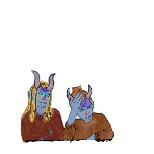 May include: Two blue-skinned characters with horns and brown hair, wearing brown sweaters, are sitting side by side. One character is looking to the side, while the other is looking down with their hand on their head.