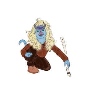 May include: A blue-skinned character with long blonde hair and horns is kneeling on the ground. They are wearing a brown shirt and pants and holding a long, thin stick in their right hand.