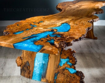 Live Edge epoxytafel | Hars watervaltafel | Eettafel van epoxy- en olijfhout | Woonkamer epoxy meubilair