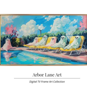 May include: A digital painting of a pool scene with five ghostly figures lounging on yellow chairs. The figures are white with pink accents and are wearing swimsuits. The pool is blue and the sky is a bright blue with white clouds. The painting is framed in a gold frame.