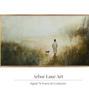 May include: A painting of a person walking with a dog in a foggy field. The person is wearing a white robe and the dog is brown and white. The painting is in a gold frame.