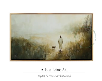 May include: A painting of a person walking with a dog in a foggy field. The person is wearing a white robe and the dog is brown and white. The painting is in a gold frame.