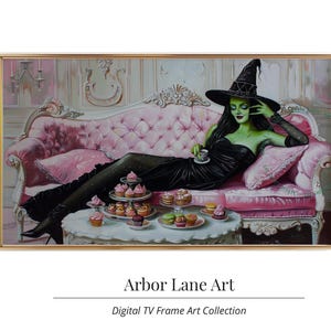Green Witch at a Pink Tea Party Oil Painting, Fancy Witch Art, Glamorous Witch, Fun Cute Whimsical Halloween Art, Samsung Digital Art TV
