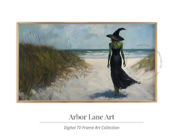 May include: A painting of a woman in a witch hat and black dress walking on a beach. The woman has green skin and is walking towards the viewer. The beach is sandy and there are green grasses in the background. The painting is framed in a gold frame.