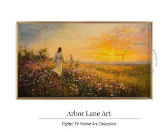 Puede incluir: Una pintura de una persona con una túnica blanca caminando por un campo de flores. El cielo es de un naranja y amarillo vibrantes, lo que sugiere una puesta de sol. La pintura está enmarcada en un marco dorado.