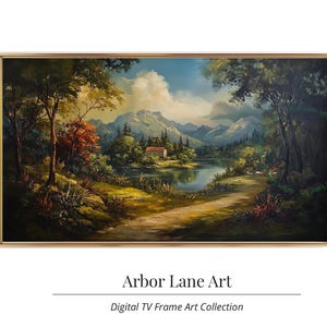 Moody Nature Landscape with Mountains, Valleys, a Lake, and richly colored trees, forest, and plants, Samsung Digital Art TV Frame