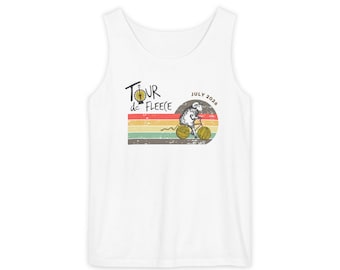 Camiseta sin mangas con estampado de corredor de ciclismo Tour de Fleece / rayas vintage de puesta de sol, julio de 2026