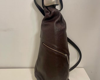 Brown Leather sling bag  by Renato Angi of Florence Italy, crossbody, backpack, shoulder bag