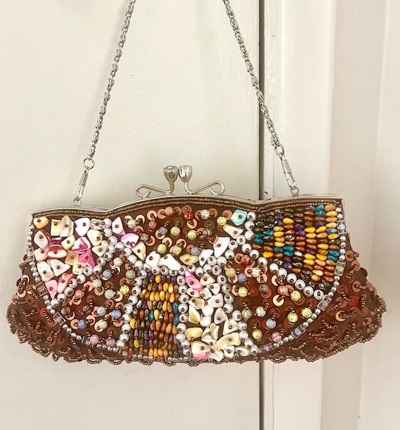 Brown Evening Clutch, evening bag, beaded bag, emb