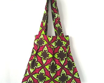 Sac fourre-tout rose et vert imprimé wax, sac fourre-tout rose, sac fourre-tout Ankara