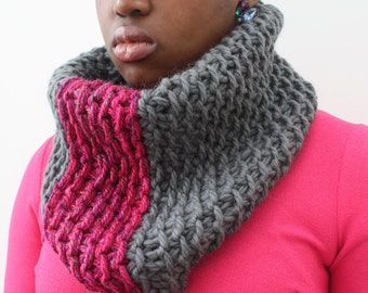 Grey and Pink Tube Scarf, Gift for Girlfriend, Grey wool scarf