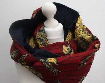Red Wax Print snood scarf, Ankara Circle scarf,  Red print and fleece scarf, Afrocentric Gift