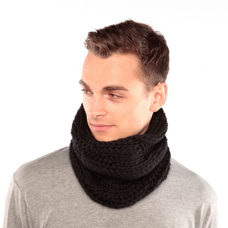 Zwarte wollen sjaal, zwarte gebreide sjaal, cadeau voor mannen, haarband voor mannen afbeelding 2