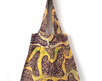 Pleated tote bag, purple and yellow batik tote